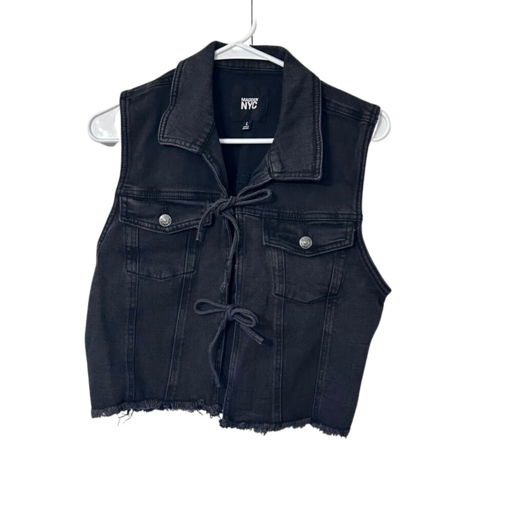 Madden NYC Tie Front Denim Vest Women Large Black Jean New